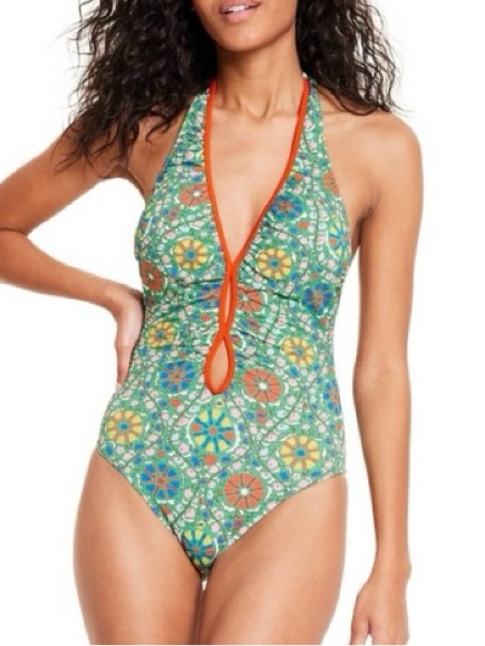 RHODE Green Orange Floral Halter One-Piece Swimsuit